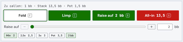 Action bar of the range trainer: Fold, Limp, Raise to 2 bb, All-in 13.5 bb, raise slider with presets (light theme)