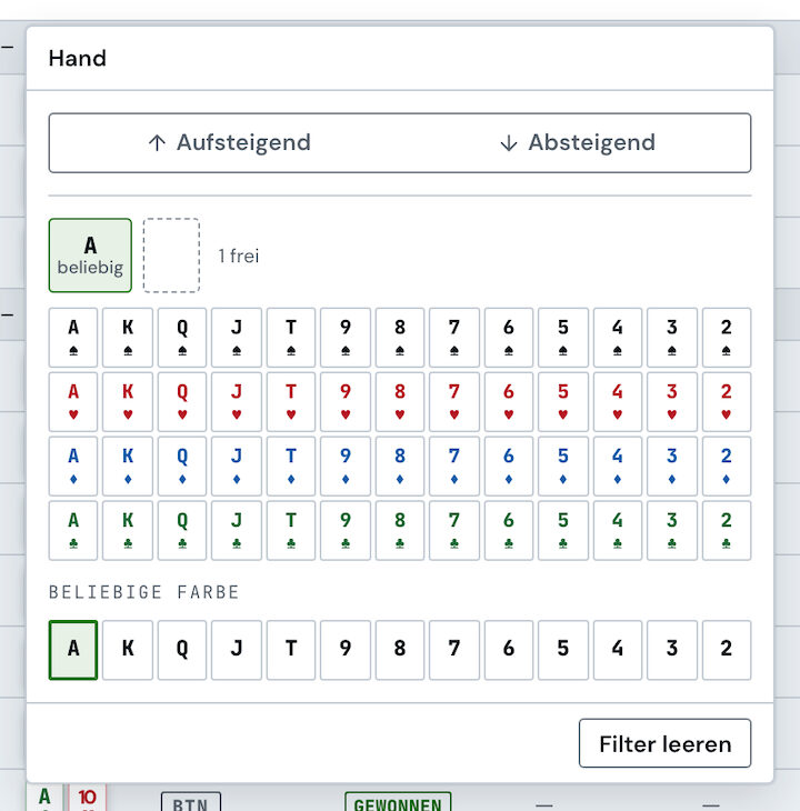 Kartenfilter der Handliste: Kartenmatrix der Spalte „Hand“ mit einem Ass beliebiger Farbe gewählt (helles Design)