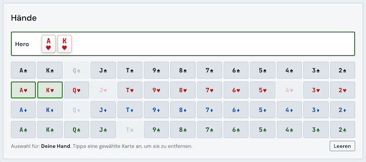Card picker of the equity calculator: Hero A♥ K♥, cards in use are disabled (light theme)