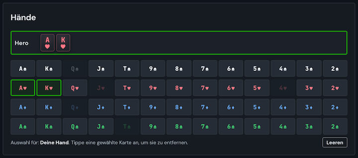 Card picker of the equity calculator: Hero A♥ K♥, cards in use are disabled