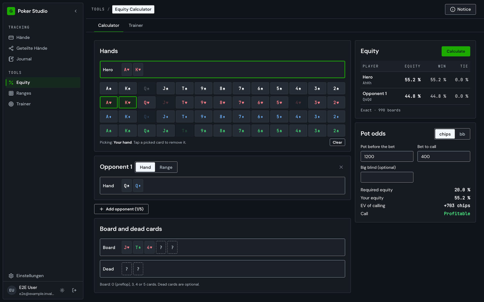 Equity calculator with hands, board, result and pot odds