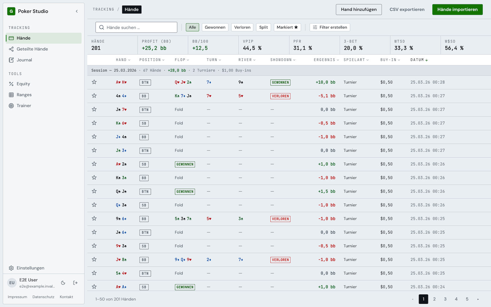 Poker Studio hand list at 1440 px in the light theme