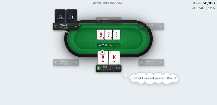 Replayer table of a test hand on the flop in the light theme, with Hero's thought bubble