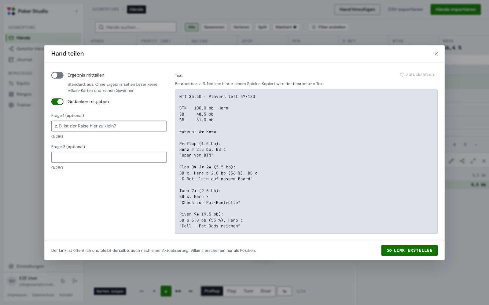 "Hand teilen" dialog with options and the text of the shared hand (light theme)