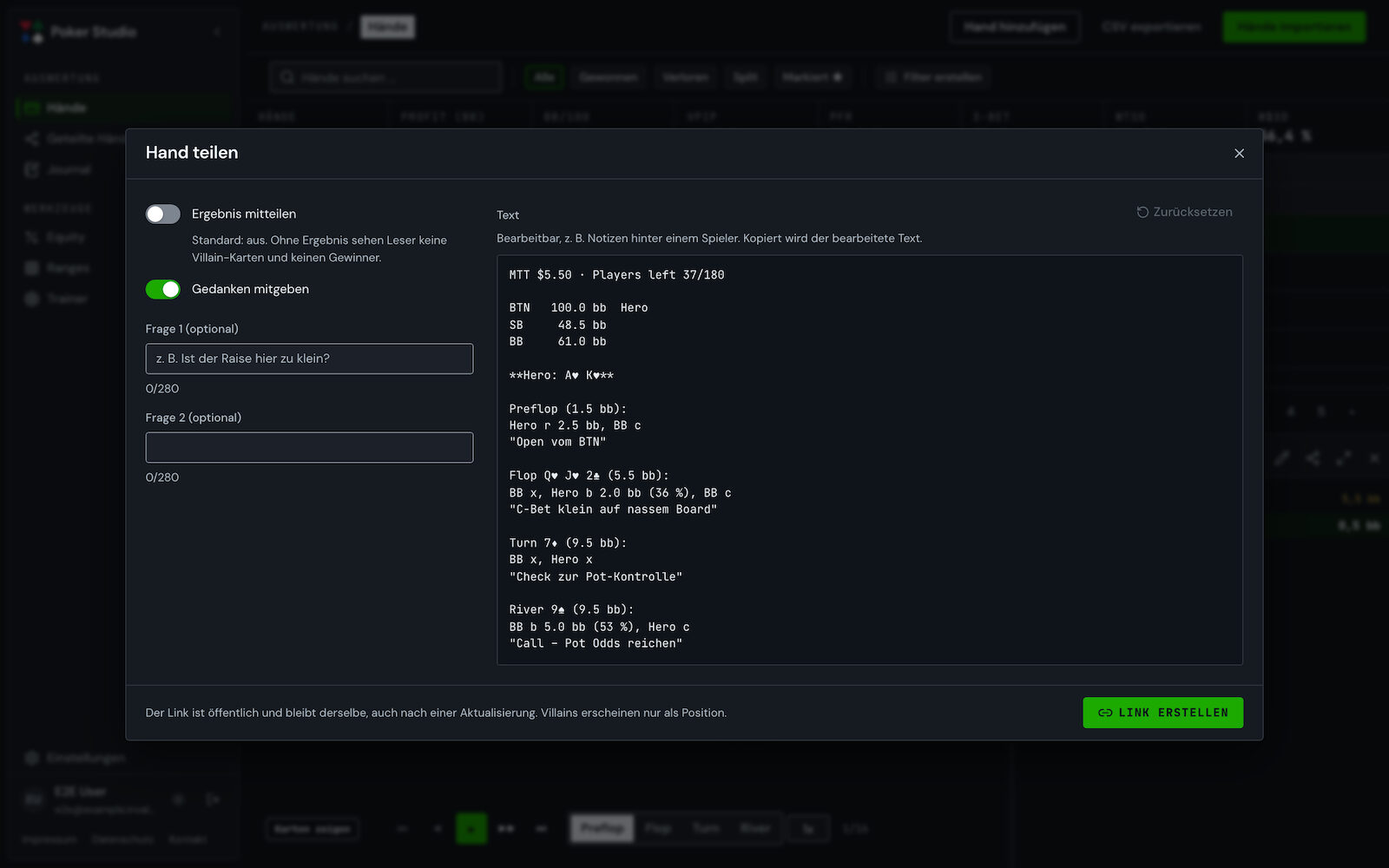 "Hand teilen" dialog with options and the text of the shared hand
