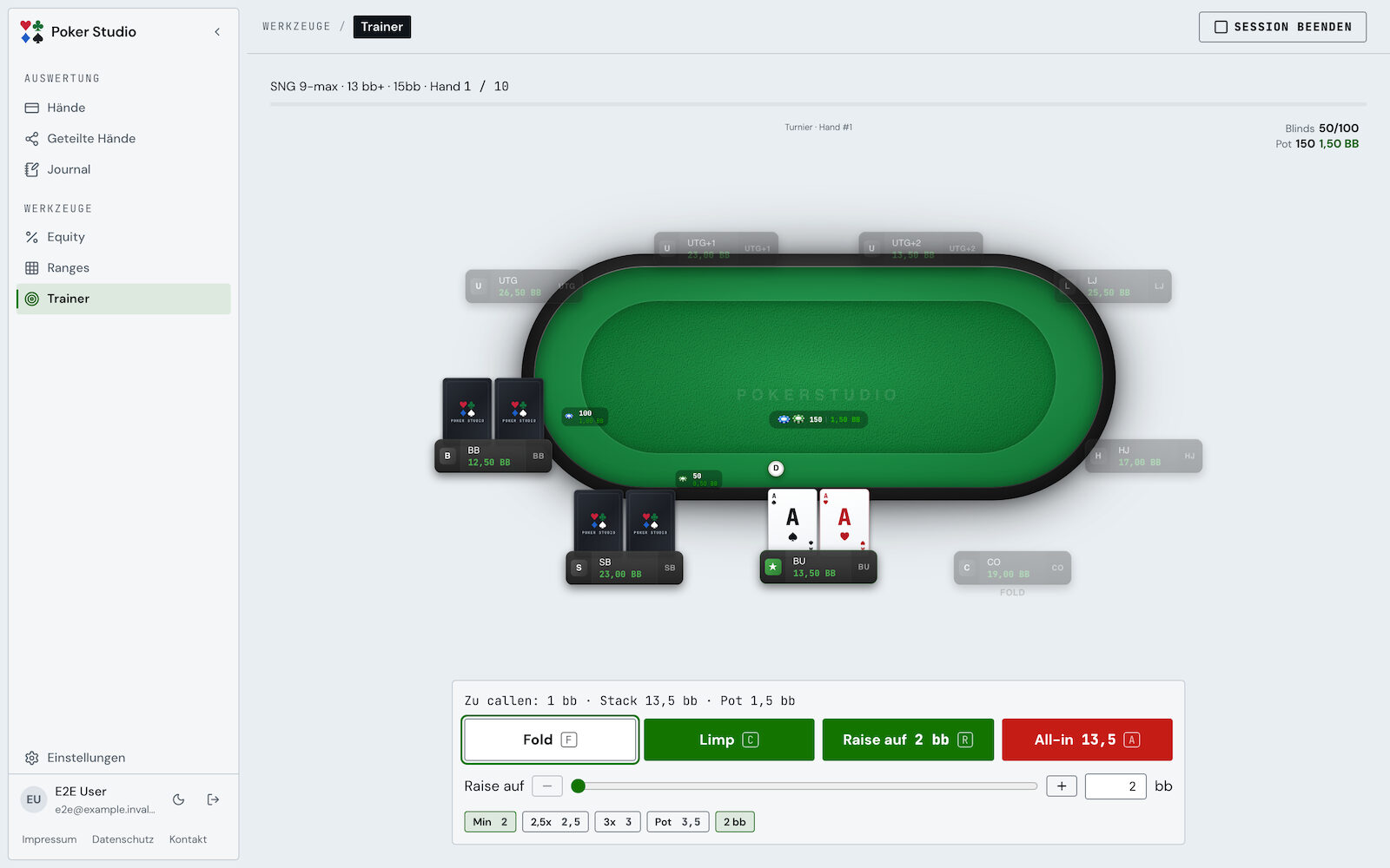 Range trainer: scenario at the table with the action bar (light theme)