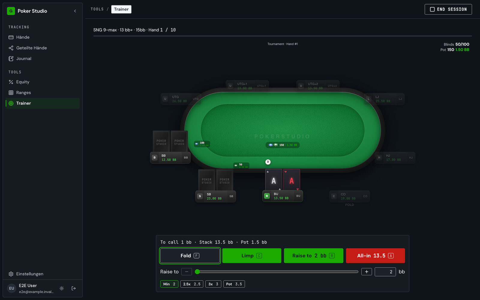 Range trainer: scenario at the table with the action bar